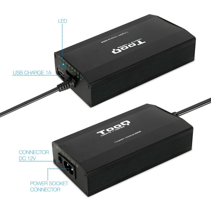 Cargador Universal De Portatil Tooq Tqlc-100bs01m 100w 12 Conectores Puerto Usb