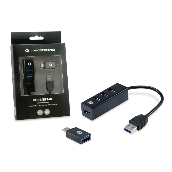 Hub Usb 3.0 Conceptronic Hubbies04b 4 Puertos Usb 3.0 Color Negro Y Adaptador A Usb-c