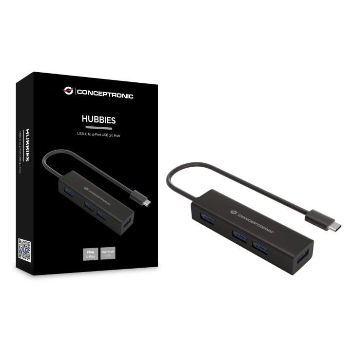 Hub Usb-c 3.0 Conceptronic Hubbies07b 4 Puertos Usb 3.0 Color Negro Carcasa De Aluminio