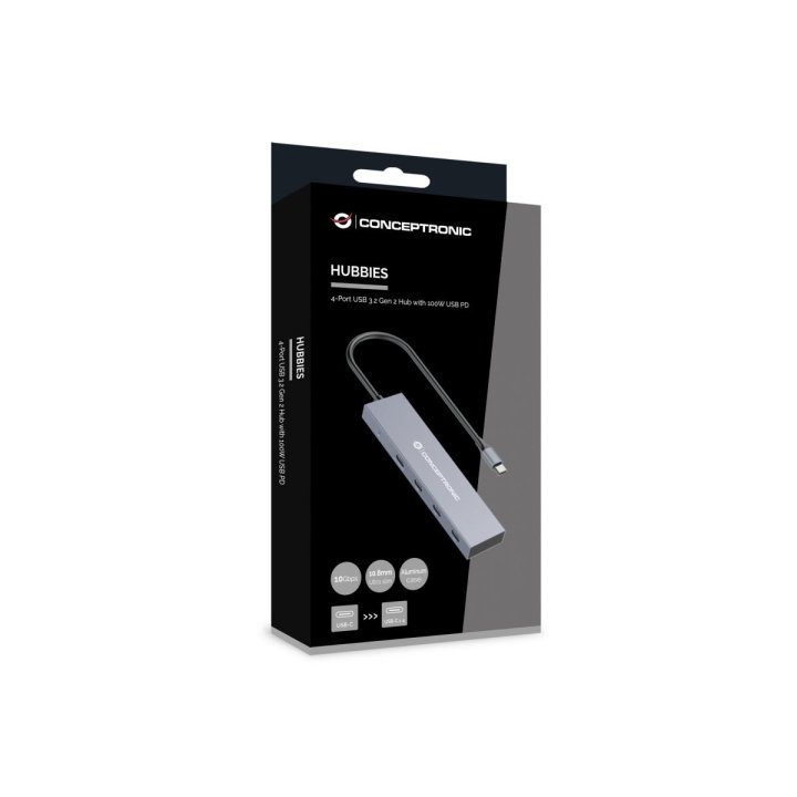 Hub Usb 3.2 Conceptronic Hubbies14g 4 Puertos Usb-c 10gbps 100w Pd Carcasa De Aluminio