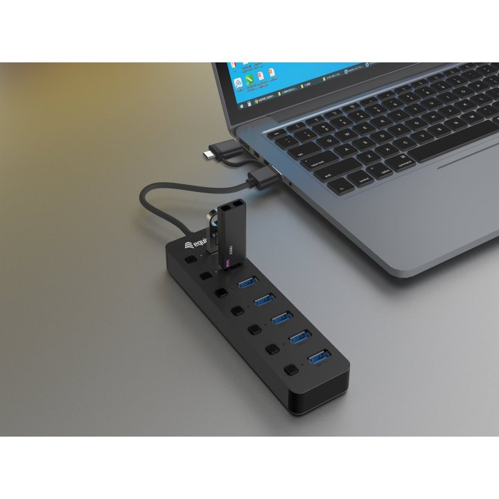 Hub Usb Equip Life 128965 7 Puertos Usb-a 3.2 Gen1 Con Interruptor Led 5v 2a Incluye Adaptador A Usb-c
