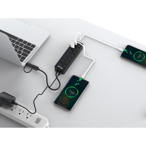 Hub Usb Equip Life 128965 7 Puertos Usb-a 3.2 Gen1 Con Interruptor Led 5v 2a Incluye Adaptador A Usb-c