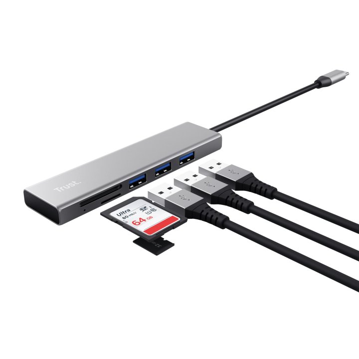 Hub Trust Halyx Aluminium Usb-c A 3 Puertos Usb-a Y Lector De Tarjetas (micro) Sd Diseño Metalico 24191