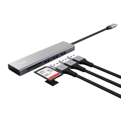 Hub Trust Halyx Aluminium Usb-c A 3 Puertos Usb-a Y Lector De Tarjetas (micro) Sd Diseño Metalico 24191