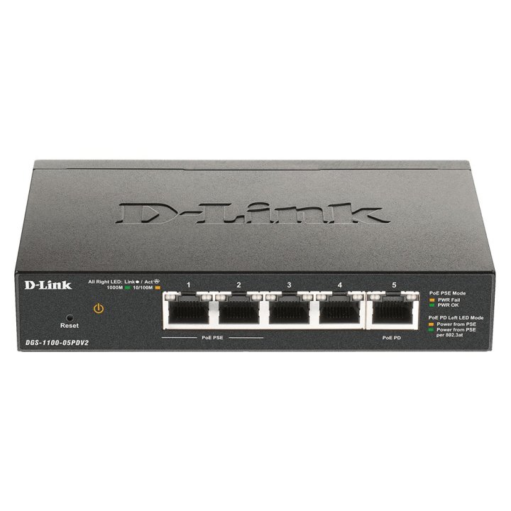 Switch Semigestionable D-link Dgs-1100-05pdv2 5p Giga 2p Poe (18w) 1xpd Port Para Poe Passthrough No Rack