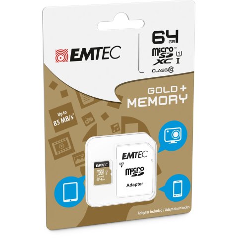 Memoria Sd Micro 64gb Emtec Elite Gold 85mb s Sd + Adapter Class 10 Uhs1 U1 Ecmsdm64gxc10gp