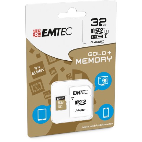 Memoria Sd Micro 32gb Emtec Elite Gold 85mb s Sd + Adapter Class 10 Uhs1 U1 Ecmsdm32ghc10gp