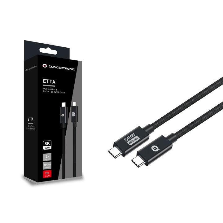 Cable Usb-c Macho A Usb-c Macho 2m Conceptronic Usb 4.0 Gen 3 240w 48v 5a 40gbps E-mark