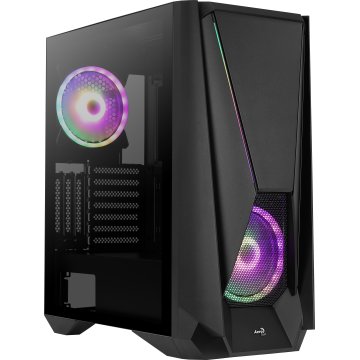Caja E-atx Torre Gaming Aerocool Visor Black Frontal Con Lineas Rgb Y Ventilador 140mm Argb Panel Lateral De Cristal Templado