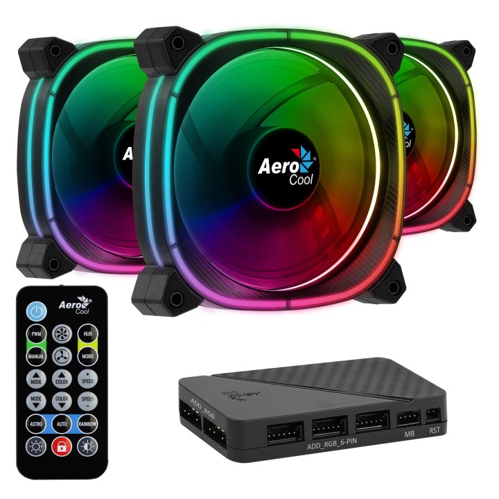 Pack 3xventiladores + Hub H66f Y Controladora Aerocool Astro12pro Argb 120mm Diseño En Fibra De Carbono Antivibacion
