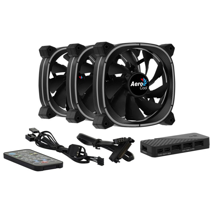 Pack 3xventiladores + Hub H66f Y Controladora Aerocool Astro12pro Argb 120mm Diseño En Fibra De Carbono Antivibacion