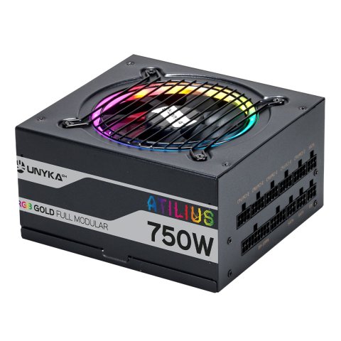 Fuente De Alimentación Unyka Atilius Rgb Atx 750w Black Cableado Modular Pfc Activo Eficiencia Energetica 90% Ventilador Rgb 