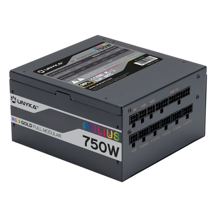 Fuente De Alimentación Unyka Atilius Rgb Atx 750w Black Cableado Modular Pfc Activo Eficiencia Energetica 90% Ventilador Rgb 