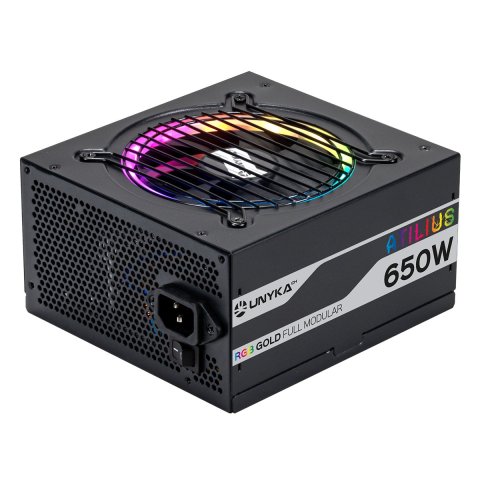 Fuente De Alimentación Unyka Atilius Rgb Atx 650w Black Cableado Modular Apfc Activo Eficiencia Energetica 90% Ventilador Rgb