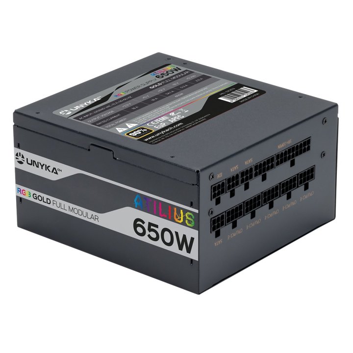 Fuente De Alimentación Unyka Atilius Rgb Atx 650w Black Cableado Modular Apfc Activo Eficiencia Energetica 90% Ventilador Rgb