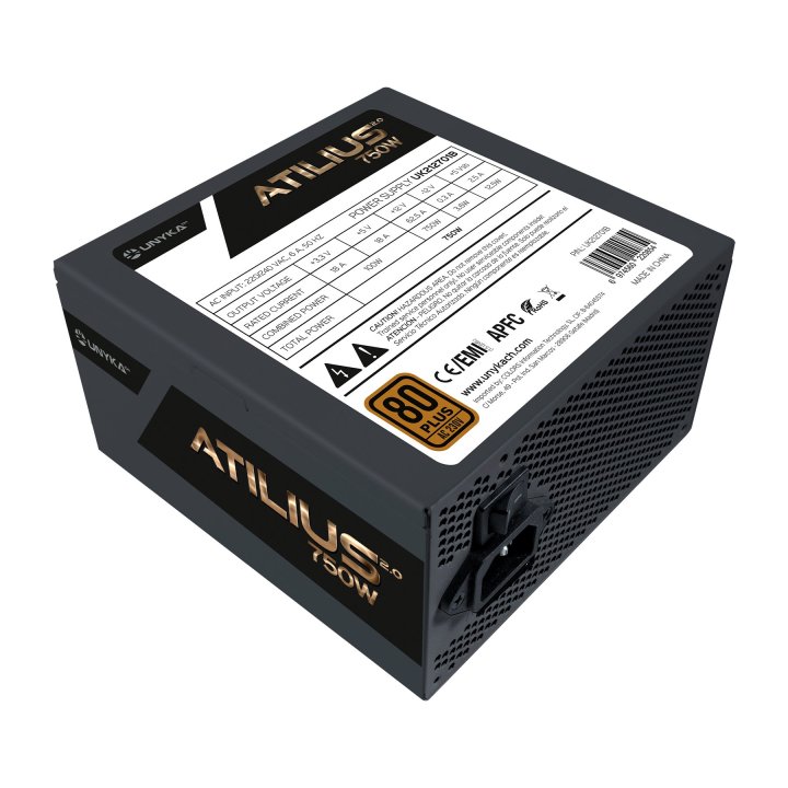 Fuente De Alimentación Unyka Atilus Atx 750w 80plus Bronze Pfc Activo Ventilador 120mm Ultra Silencioso Negra
