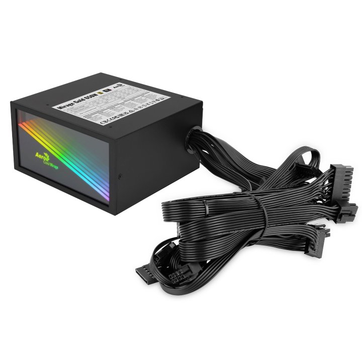 Fuente Alimentacion Aerocool Mirage 650w Certificado 80 Plus Gold Pfc Activo, Vent. 12x12cm Ultra Silencioso Haswell Rgb Infi
