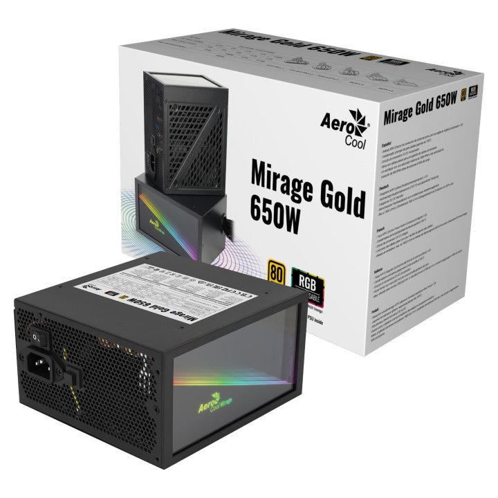 Fuente Alimentacion Aerocool Mirage 650w Certificado 80 Plus Gold Pfc Activo, Vent. 12x12cm Ultra Silencioso Haswell Rgb Infi