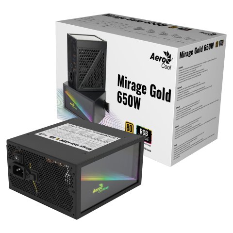 Fuente Alimentacion Aerocool Mirage 650w Certificado 80 Plus Gold Pfc Activo, Vent. 12x12cm Ultra Silencioso Haswell Rgb Infi
