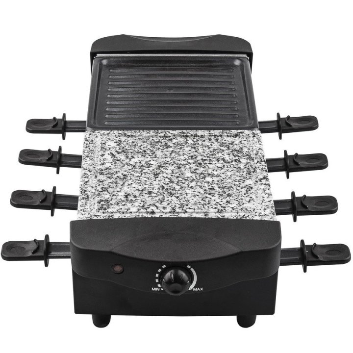 Raclette Grill Y Piedra Kuken Rectangular 1200w Plancha Antiadherente Con 8 Sartenes Color Negro