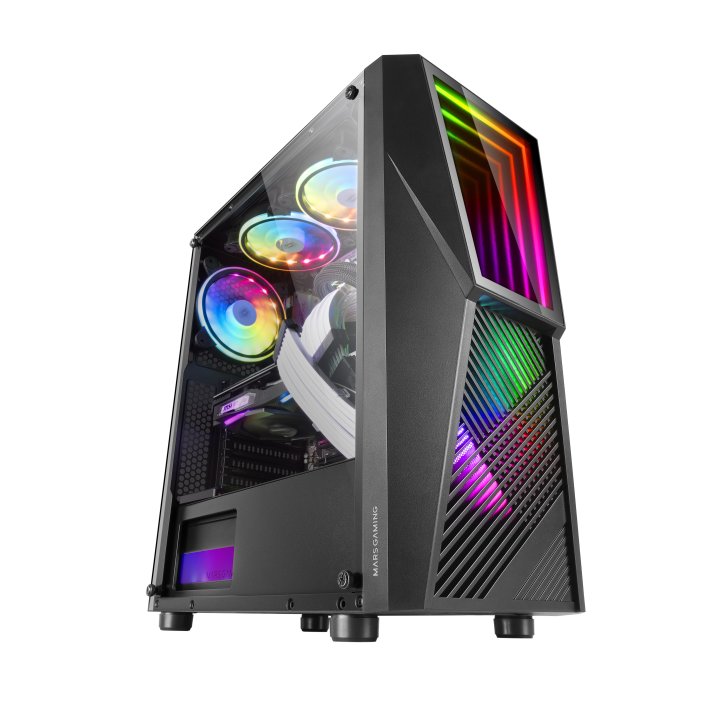Caja Atx Semitorre Gaming Mars Gaming Mc777 Black Frontal Con Espejo Infintio Argb 2xventiladores 120mm Chroma Sin Fuente De 