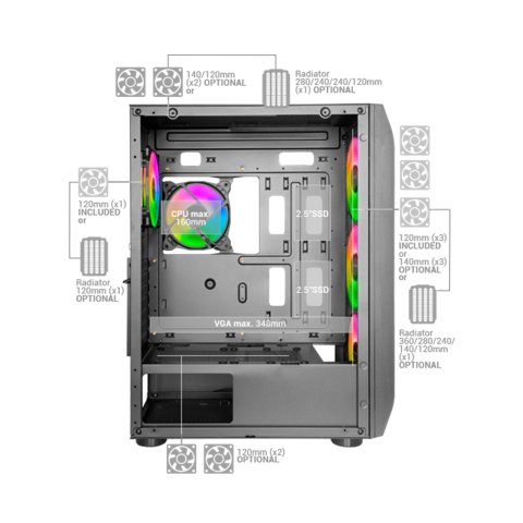 Caja E-atx Torre Gaming Mars Gaming Mc-kx Xxl Black Lateral Cristal Templado Frontal Mesh Incluye 5 Ventiladores Argb Sin Fue