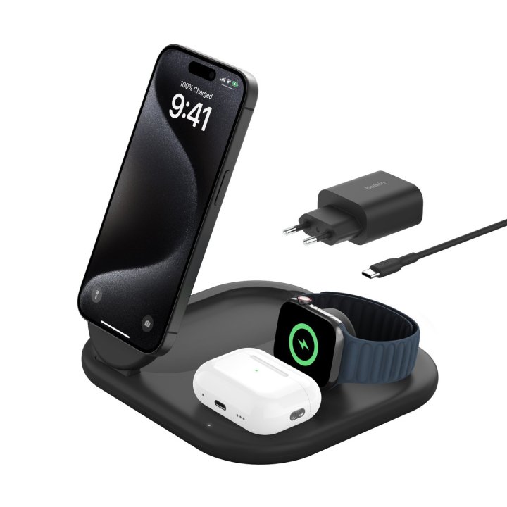 Base De Carga Inalambrica 3 En 1 Belkin 
Wiz029vfbk Magnetica Con Qi2 De 15w Negro