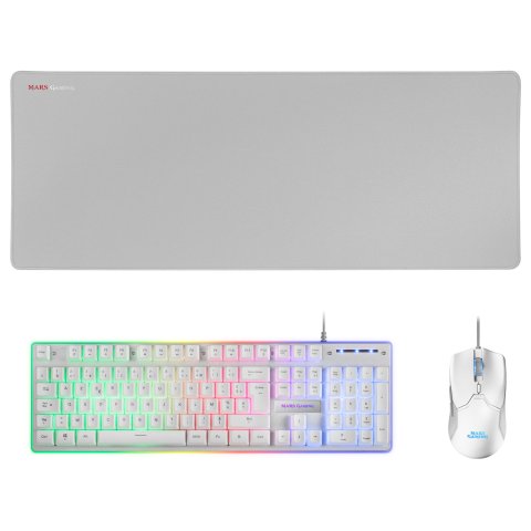 Pack Teclado Mouse Y Alfombrilla Mars Gaming Mcpx Frances White Telcado Hibrido H-mech Mouse Ultra Ligero 10k Y Alfombrilla X