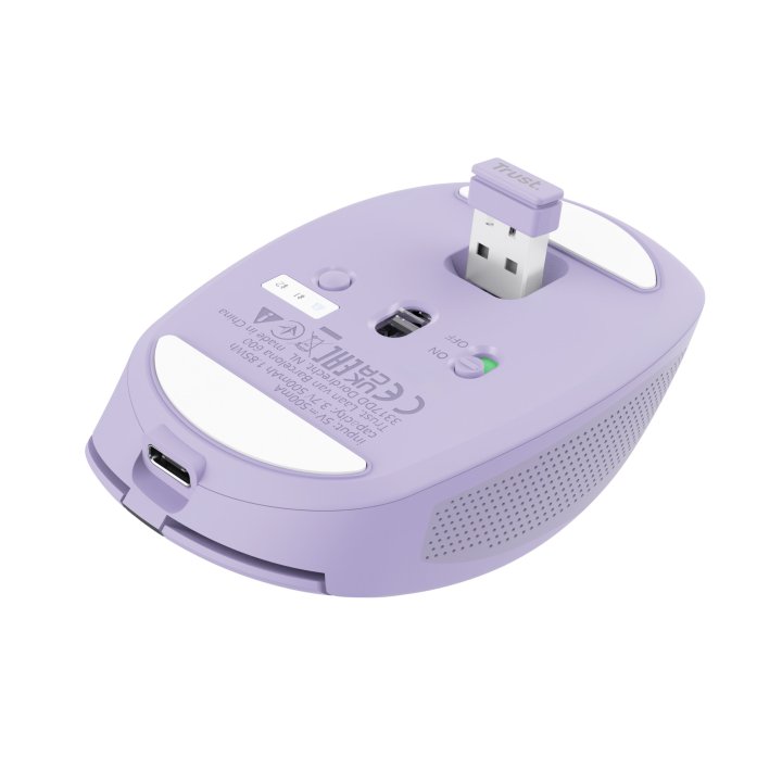 Mouse Trust Wireless Y Bluetooth Ozaa 25384 Morado Recargable- Sensor Optico - 6 Botones - 800 1600 3200dpi - Receptor Usb-a 