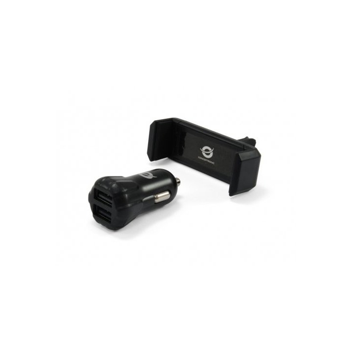 Cargador De Coche Conceptronic 5v 2xusb Para Coche 12 24v + Soporte Smartphone Toma Ventilacion Cusbcar2akit