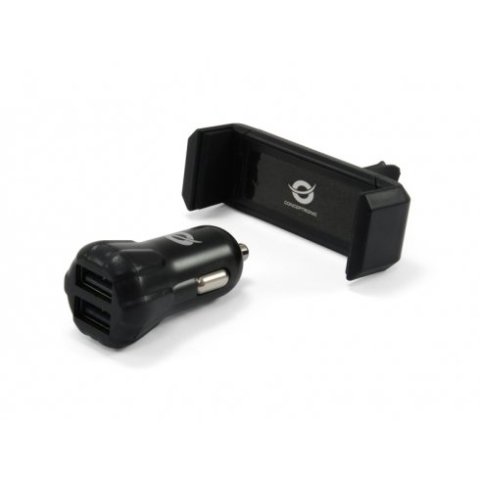 Cargador De Coche Conceptronic 5v 2xusb Para Coche 12 24v + Soporte Smartphone Toma Ventilacion Cusbcar2akit