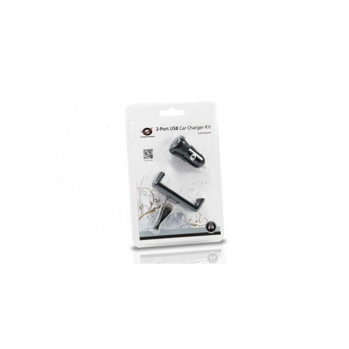 Cargador De Coche Conceptronic 5v 2xusb Para Coche 12 24v + Soporte Smartphone Toma Ventilacion Cusbcar2akit