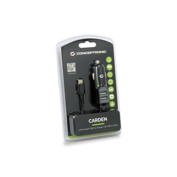 Cargador De Coche Conceptronic Carden05b Con Cable Usb-c + 2 Puertos Tipo A 5v 3.1a 15.5w