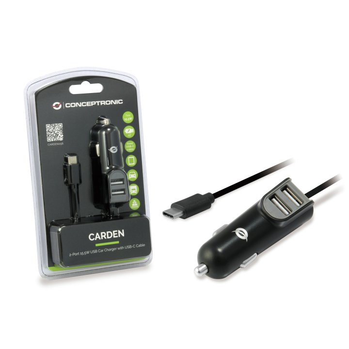 Cargador De Coche Conceptronic Carden05b Con Cable Usb-c + 2 Puertos Tipo A 5v 3.1a 15.5w