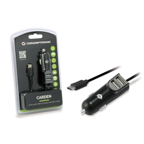 Cargador De Coche Conceptronic Carden05b Con Cable Usb-c + 2 Puertos Tipo A 5v 3.1a 15.5w