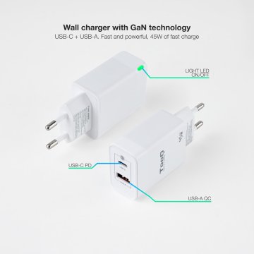 Cargador De Pared Tooq Tqwc-ganqcpd45wt Usb-c Pd + Usb-a Qc 45w Blanco 2