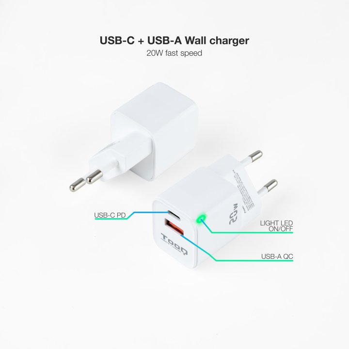 Cargador De Pared Tooq Tqwc-qcpd20wt Usb-c Pd + Usb-a Qc 20w Blanco