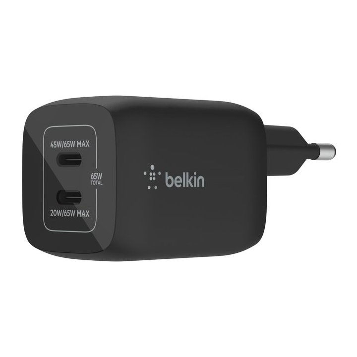 Cargador De Pared Belkin Wch013vfbk Doble Usb-c Gan Boost Charge Pro 65w (45w+20w) Negro