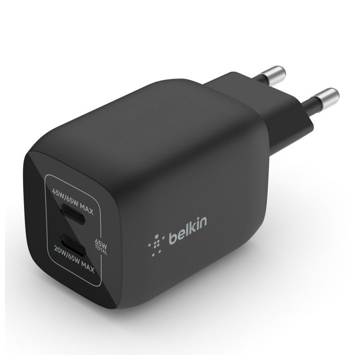 Cargador De Pared Belkin Wch013vfbk Doble Usb-c Gan Boost Charge Pro 65w (45w+20w) Negro