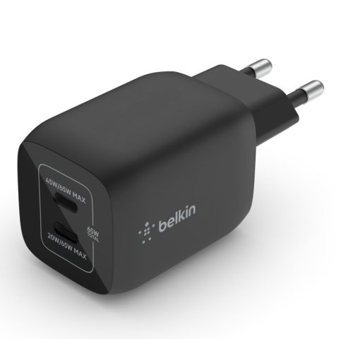 Cargador De Pared Belkin Wch013vfbk Doble Usb-c Gan Boost Charge Pro 65w (45w+20w) Negro