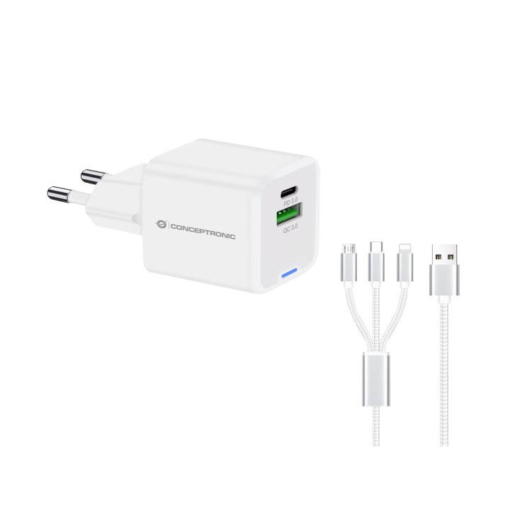 Cargador De Pared Conceptronic Usb-c X1 Usb-ax1 Quickcharge 3.0 Gan Pps 33w Incluye Cable 3-1 Blanco