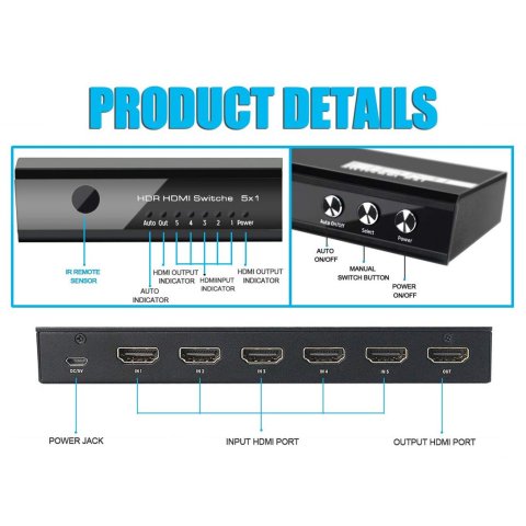 Switch Hdmi 2.0 4k 5x1 Alimentacion Por Usb Equip