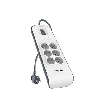 Regleta Alimentacion Belkin Bsv604vf2m De Protección Contra Sobretensiones 6 Tomas + 2 Puertos Usb (2,4 A) Boton De Apagado Y