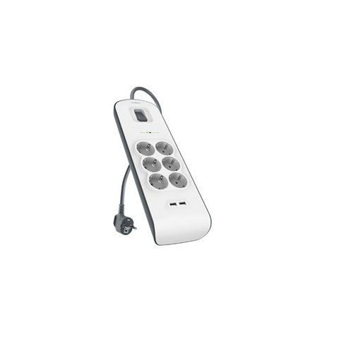 Regleta Alimentacion Belkin Bsv604vf2m De Protección Contra Sobretensiones 6 Tomas + 2 Puertos Usb (2,4 A) Boton De Apagado Y