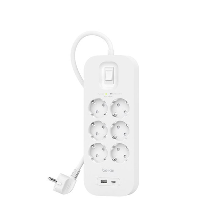 Regleta Alimentacion Belkin Srb002vf2m De Proteccion Contra Sobretensiones 6 Tomas Boton Apagado Usb-c Usb-a