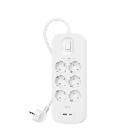 Regleta Alimentacion Belkin Srb002vf2m De Proteccion Contra Sobretensiones 6 Tomas Boton Apagado Usb-c Usb-a