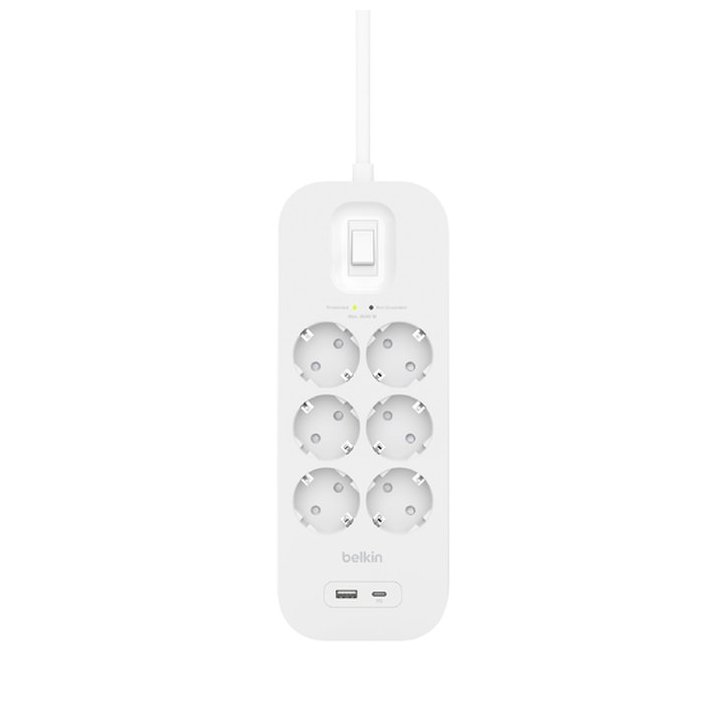 Regleta Alimentacion Belkin Srb002vf2m De Proteccion Contra Sobretensiones 6 Tomas Boton Apagado Usb-c Usb-a