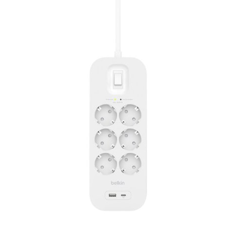 Regleta Alimentacion Belkin Srb002vf2m De Proteccion Contra Sobretensiones 6 Tomas Boton Apagado Usb-c Usb-a