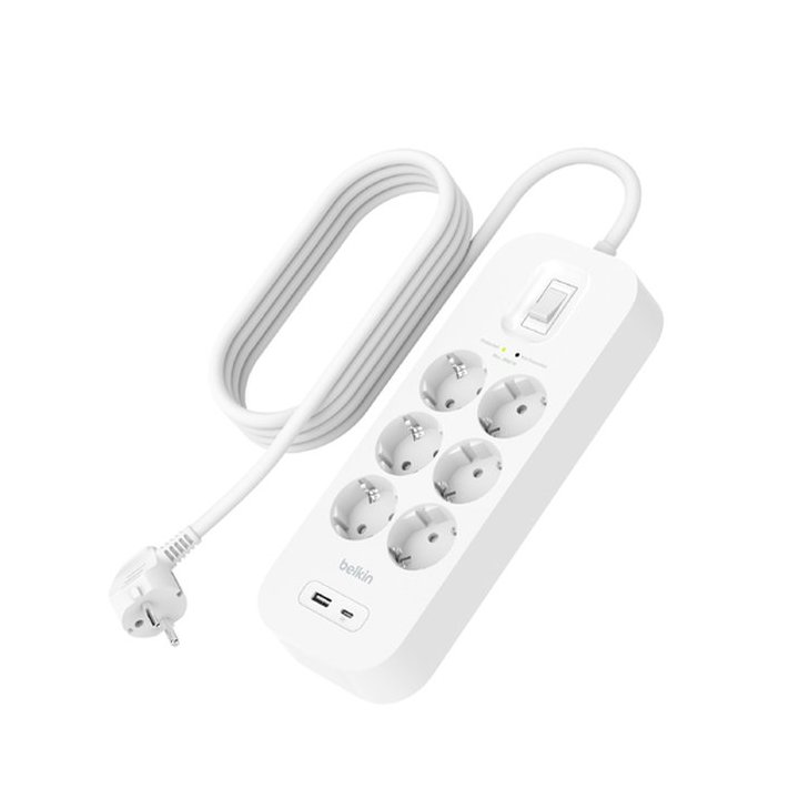 Regleta Alimentacion Belkin Srb002vf2m De Proteccion Contra Sobretensiones 6 Tomas Boton Apagado Usb-c Usb-a