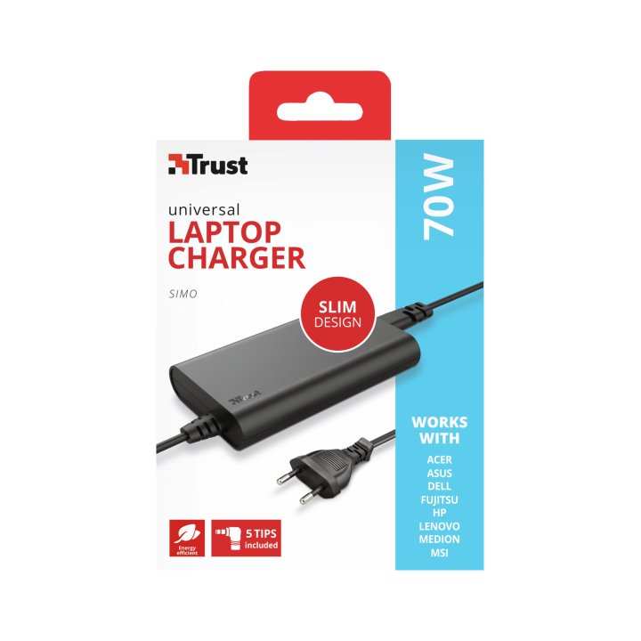 Cargador Universal De Portatil Trust Ultra Slim 70w 18-20 V Multiples Conectores 23925